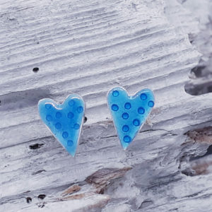 Enamelled Dotty Heart Studs in Aqua Blue