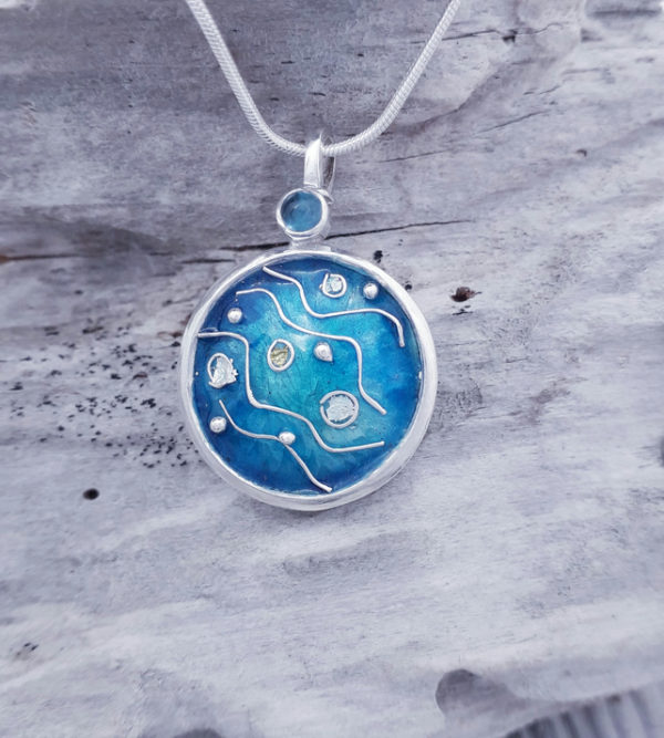 Enamelled Abstract Seascape Pendant with Topaz