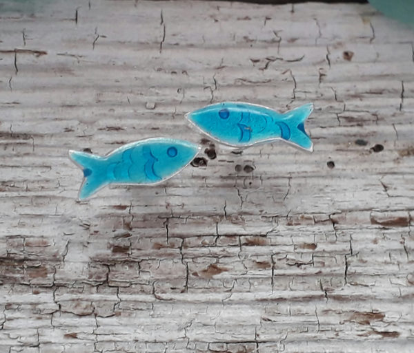 Enamelled Little Fishie Earstuds in Aqua Blue