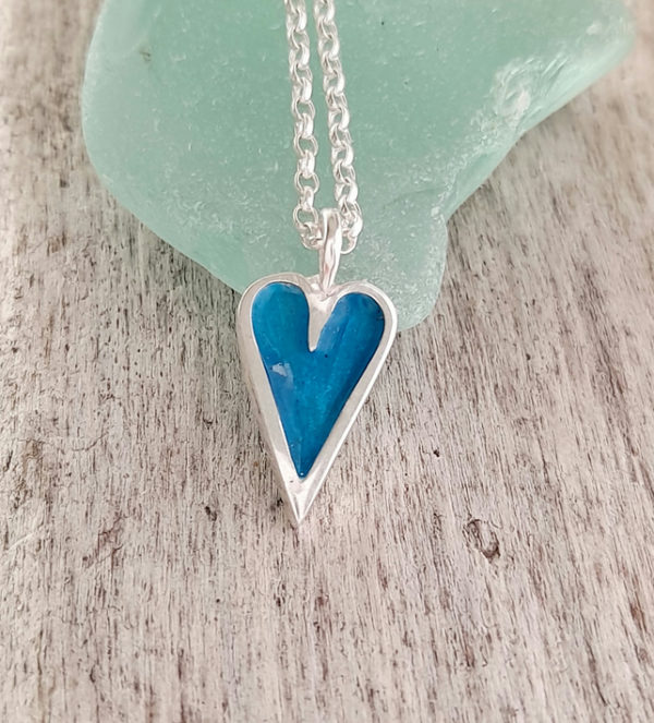Mini Enamelled Heart in Sterling Silver - Aqua Blue