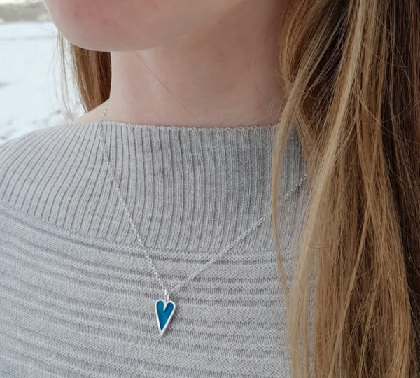 Mini Enamelled Heart in Sterling Silver - Aqua Blue (shown on model)
