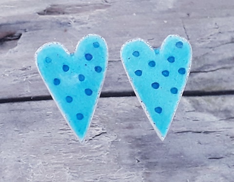 Sea Blue Dotty Enamelled Heart Studs