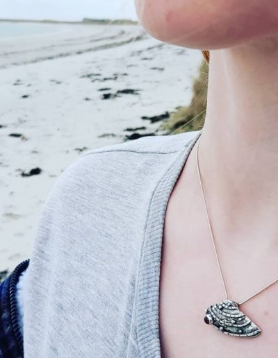 Banded Wedge Silver Shell Necklace with Pink Tourmaline (shown on model)