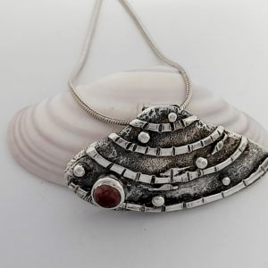 Banded Wedge Silver Shell Necklace with Pink Tourmaline