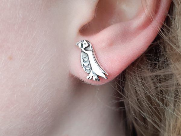 Silver Puffin Earstuds (shown on model)